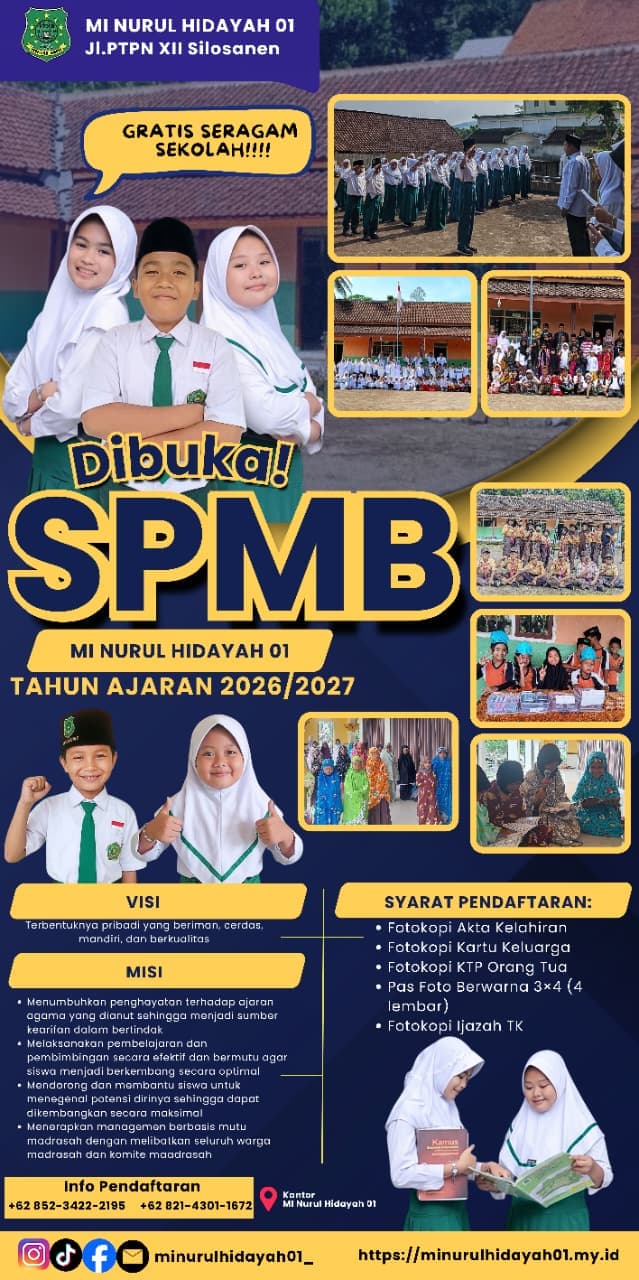 📣 SPMB MI NURUL HIDAYAH 01 Tahun Ajaran 2026/2027 Resmi Dibuka!